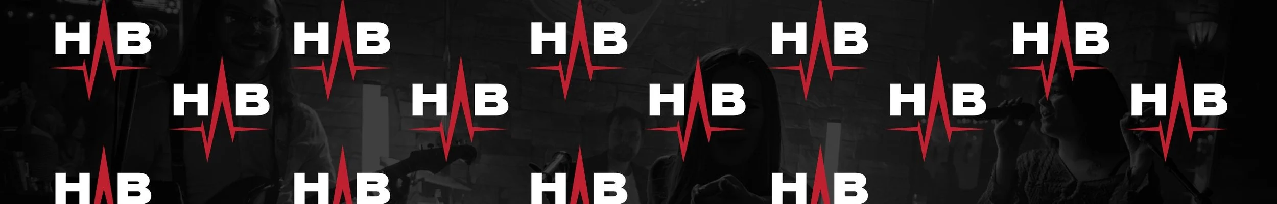 A dark background with a repeating pattern of a logo featuring the letters 'H' and 'B' separated by a red heartbeat line.