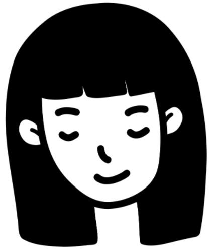 Black and white illustration of a girl with closed eyes, a small smile, and straight hair with bangs.