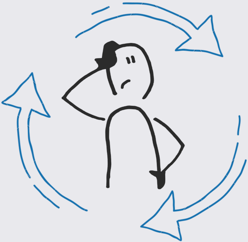 A simple line drawing of a person with a sad expression, with their hand on their head, surrounded by four blue arrows forming a circle around them.