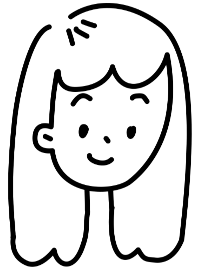 Line drawing of a smiling girl with long hair, bangs, and a hair clip.