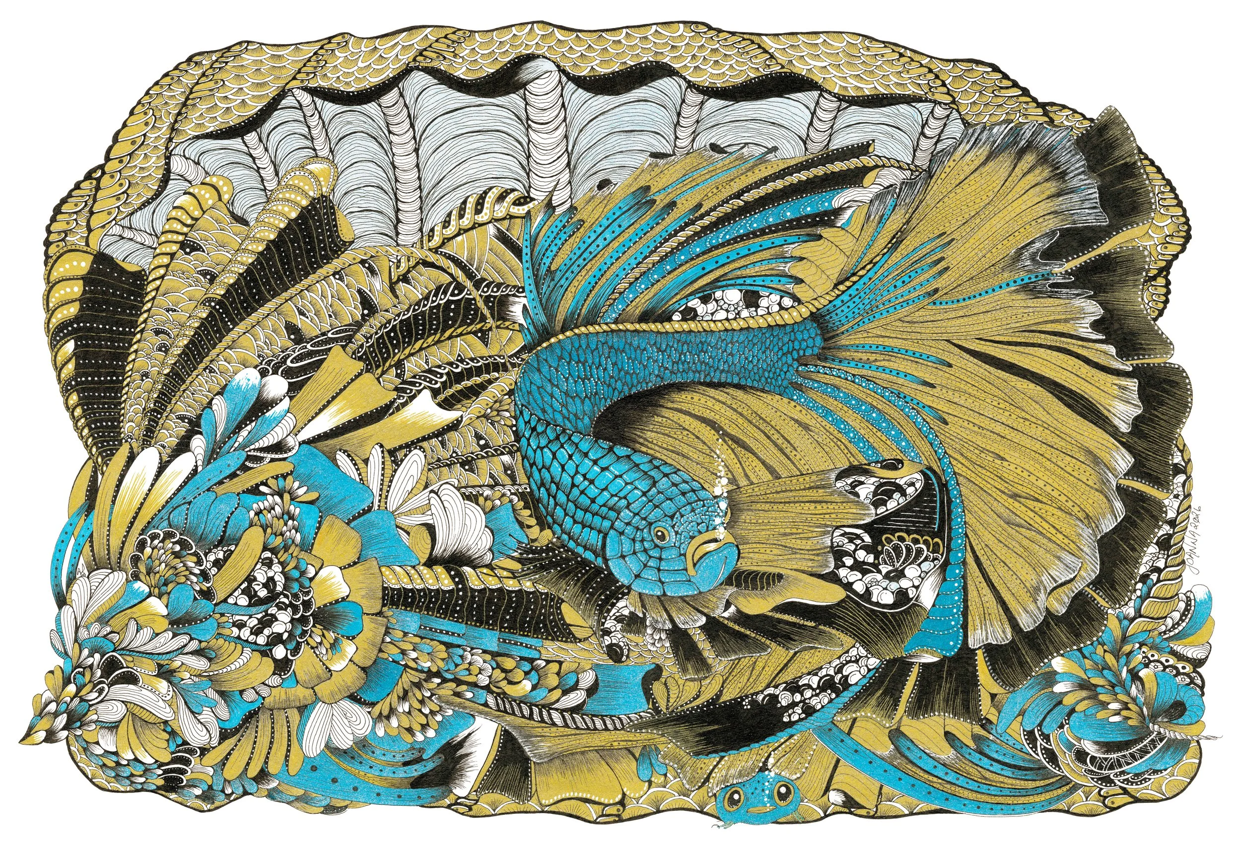 Metallic pen and ink illustration on paper
