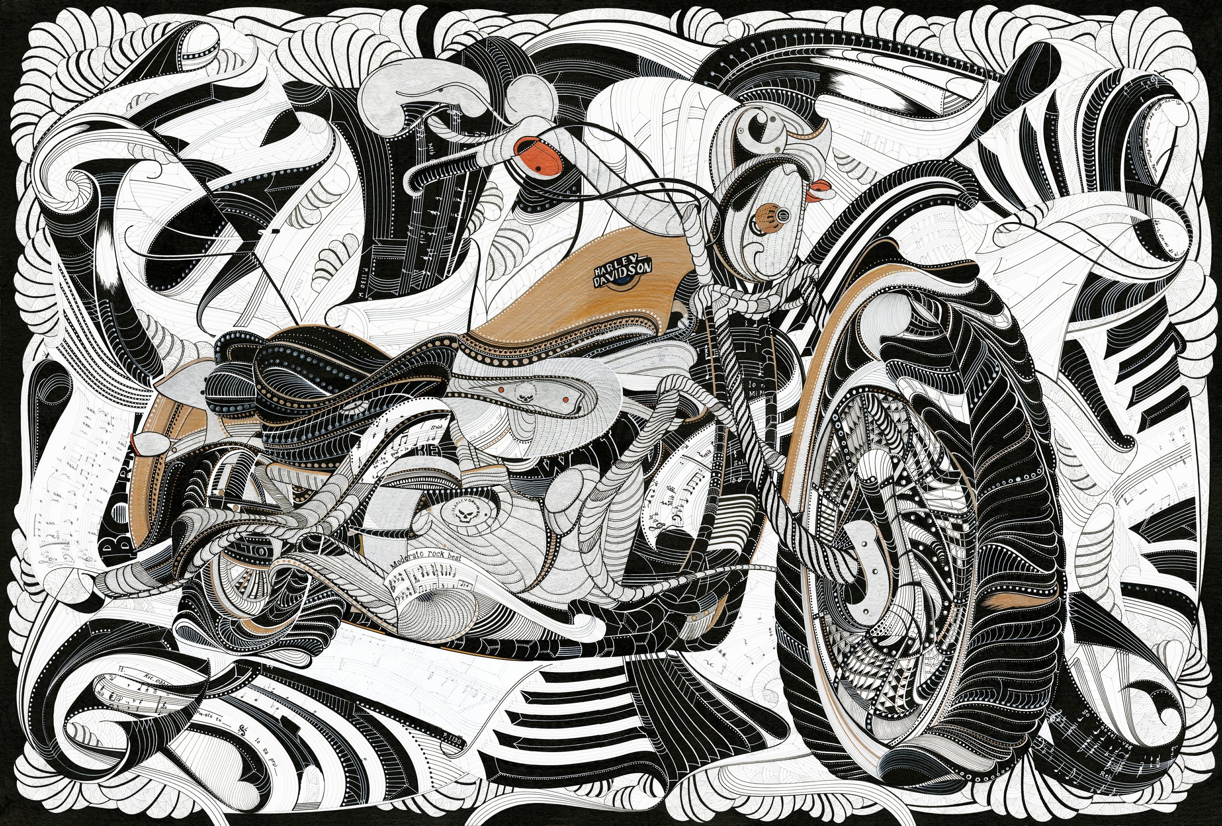 Drawn using French curves and freehand with black ink, bronze and silver acrylic pen on mounting board