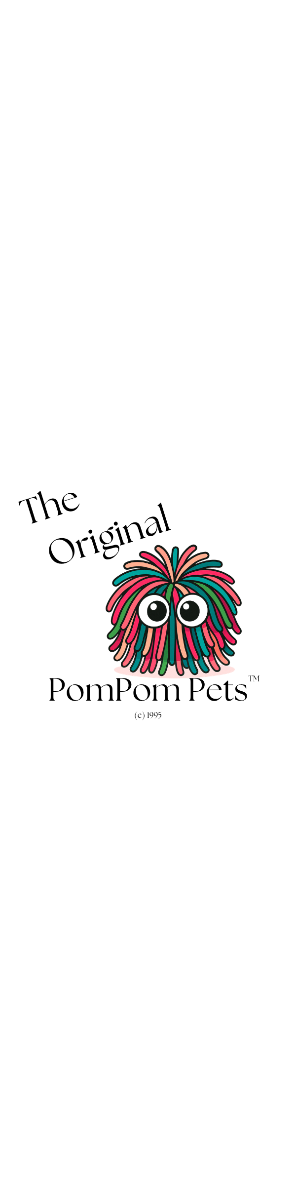 Logo for PomPom Pets featuring a colorful pompom character with large eyes and the text "The Original PomPom Pets".