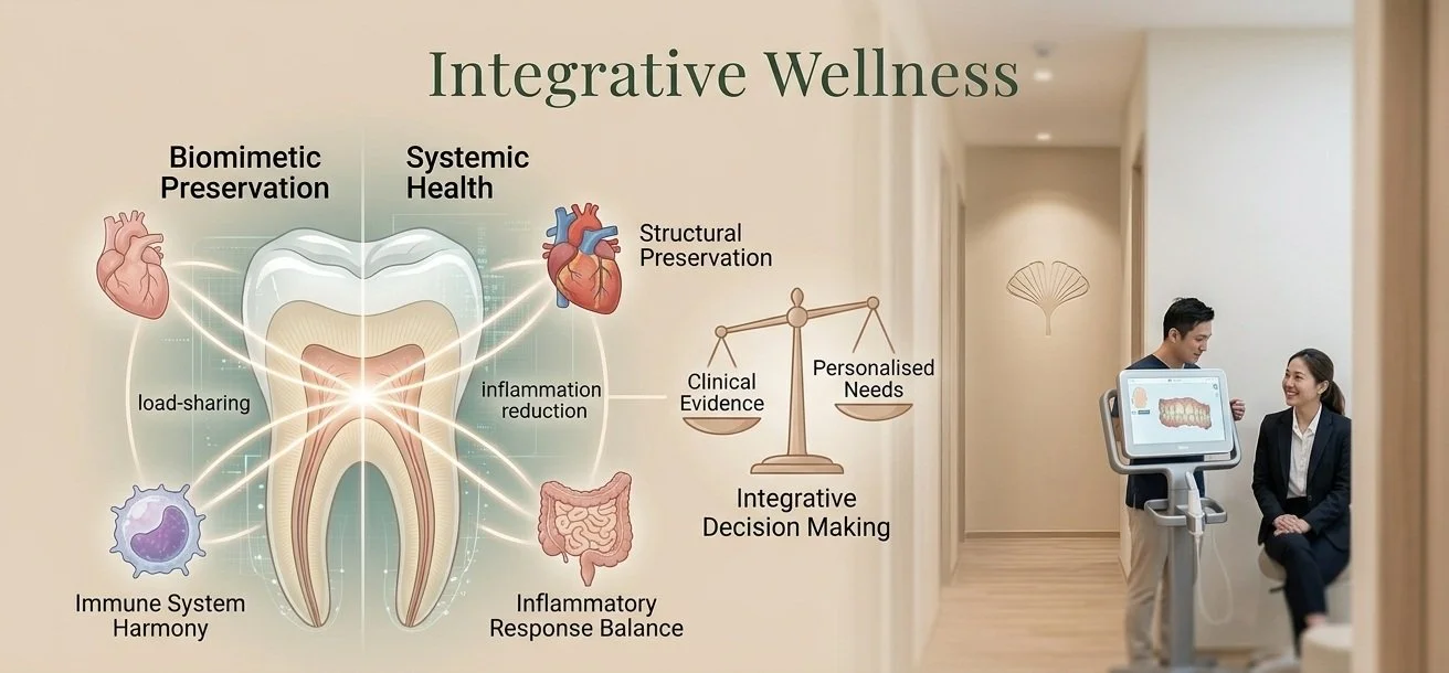 Diagram illustrating integrative wellness in dentistry, highlighting biomimetic preservation, systemic health, clinical evidence, personalized needs, and integrative decision making, with a dental office setting in the background.