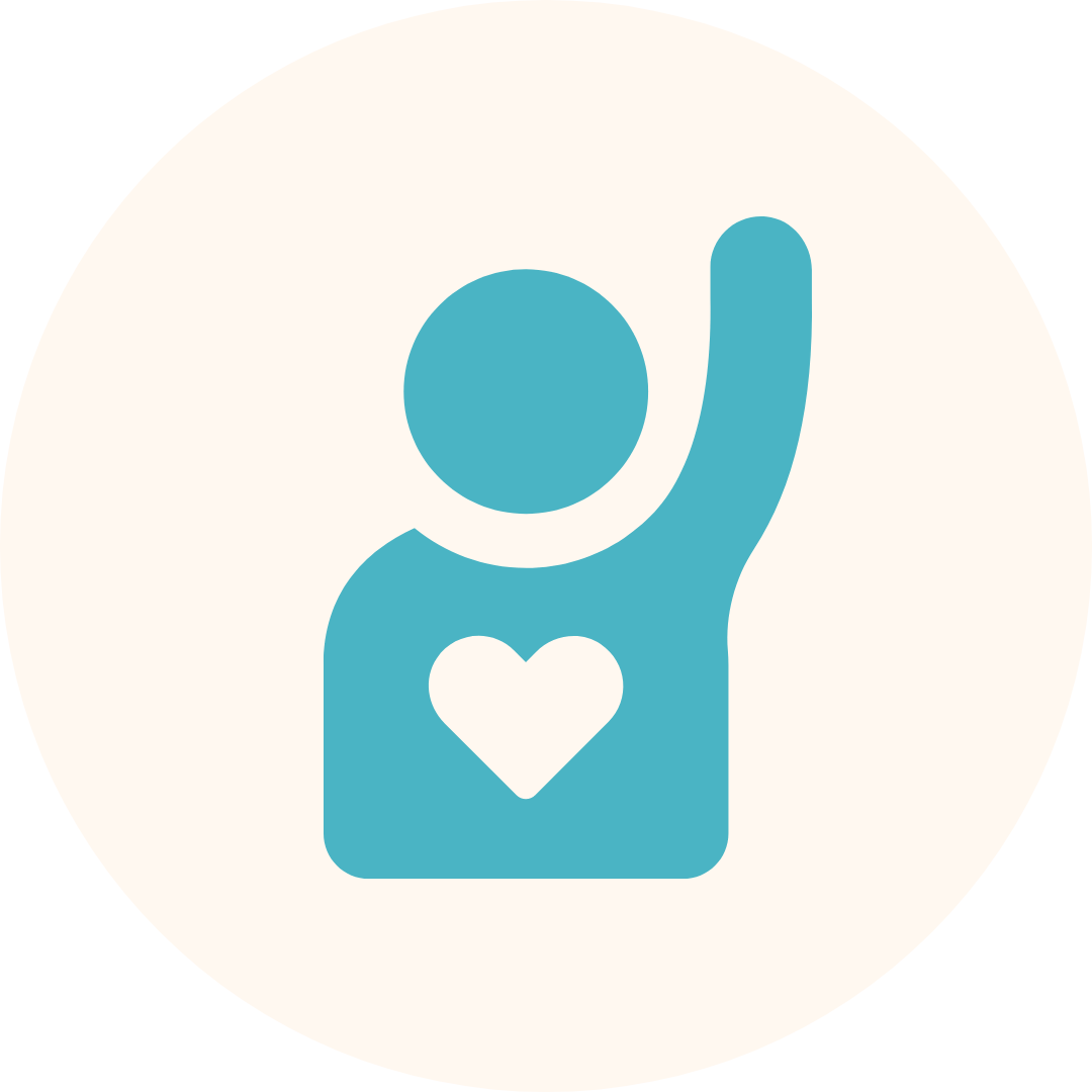 Icon of a person with a heart on their chest raising an arm, representing volunteering to help prepare and deliver meals.