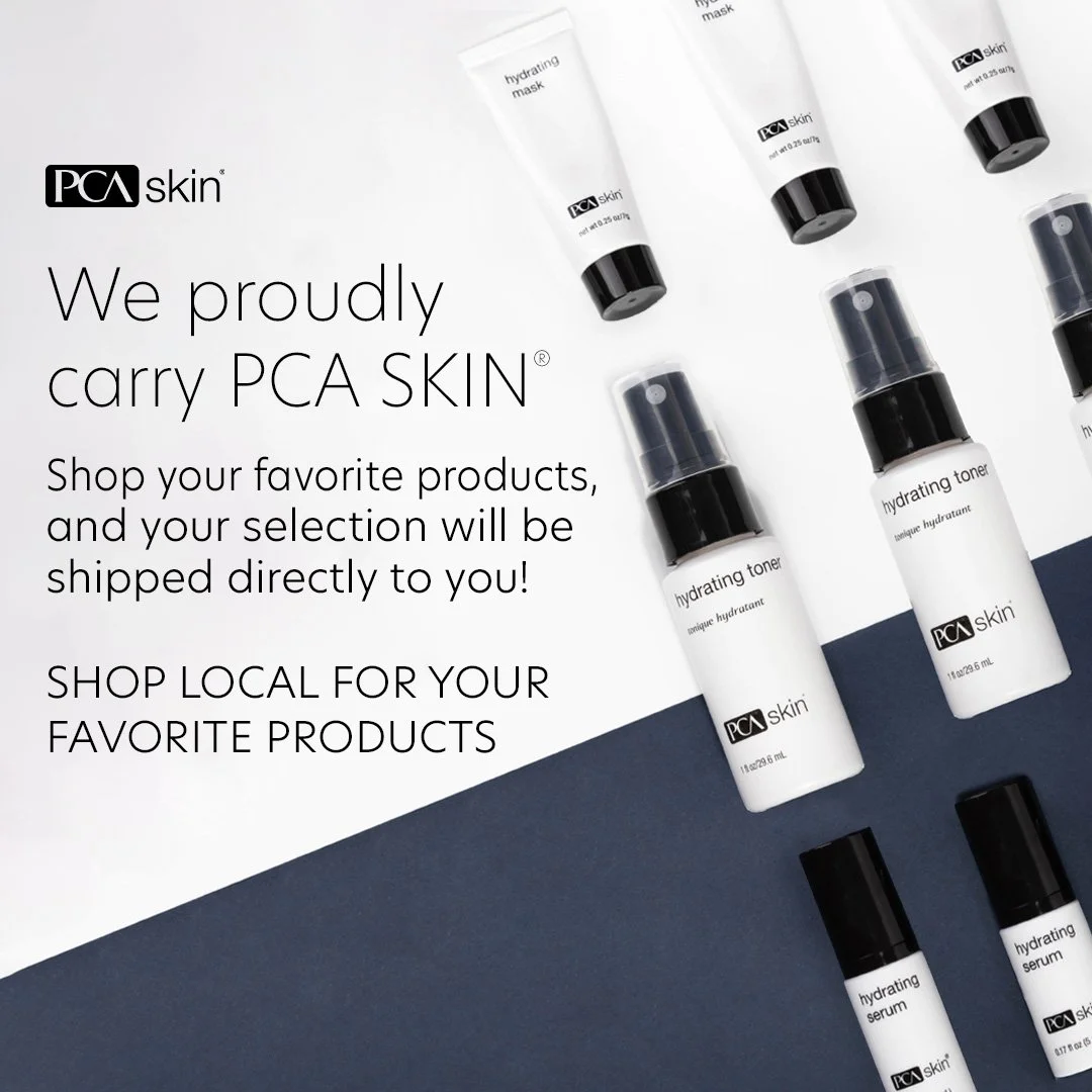 Flat lay of PCA Skin skincare products, including hydrating masks, toners, and serums, arranged on a white and navy background with promotional text about shipping and local shopping.