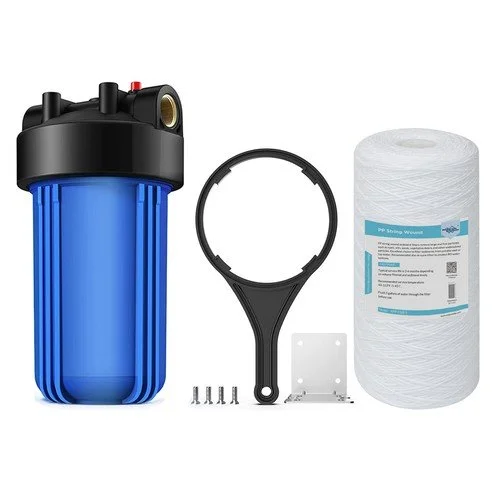 Water filtration system components, including a black and blue filter housing, mounting bracket, screws, and a roll of string wound around a core. Big Blue Filter