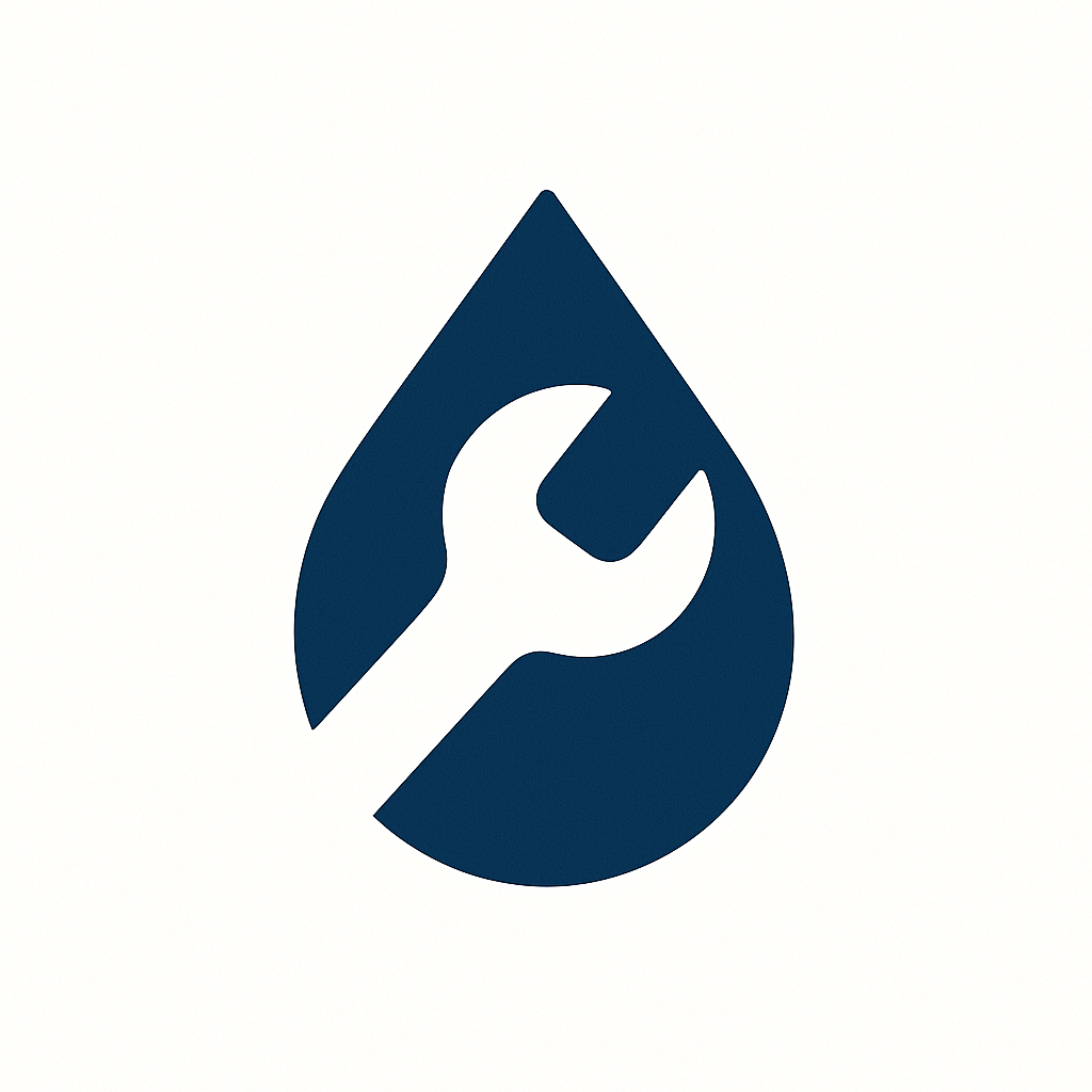 A logo featuring a dark blue water droplet with a white wrench inside.