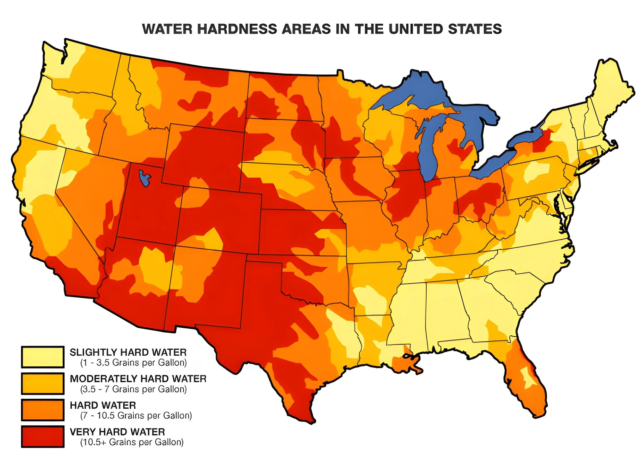 A map of the United States showing water hardness levels by color. Blue indicates areas with very hard water (10.5+ grains per gallon). Red and orange depict regions with harder water, ranging from hard (7-10.5 grains) to very hard (10.5+ grains). Yellow signifies slightly hard water (1-3.5 grains).