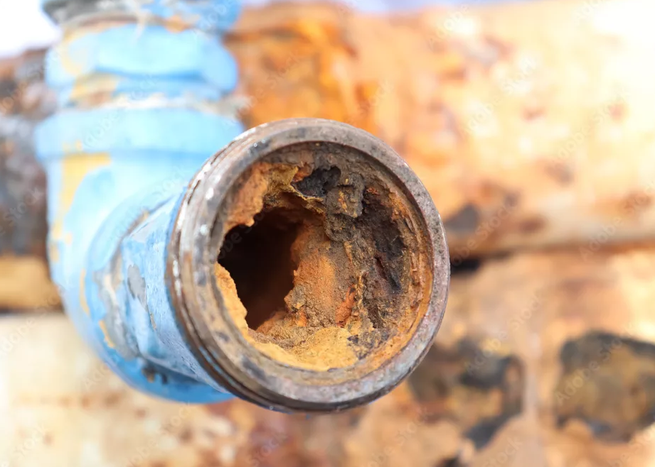Close-up of a heavily corroded, rusted pipe or tube with peeling blue paint.