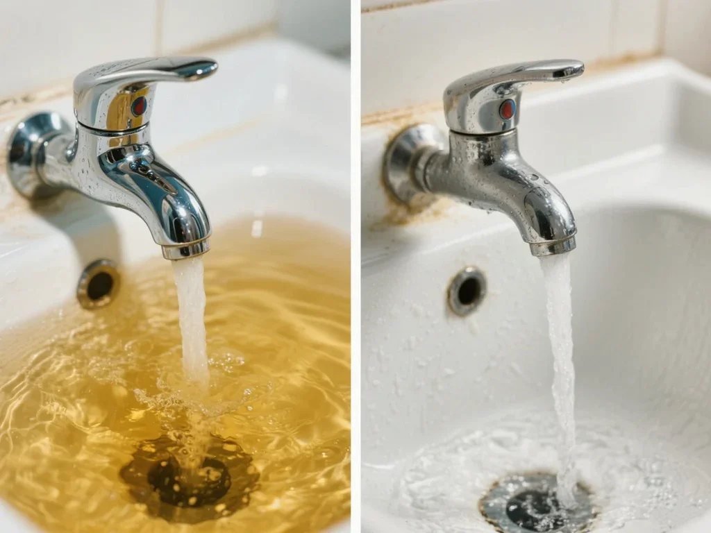 Side-by-side comparison of two sinks with faucets. The left sink has discolored water coming out, while the right sink has clean water.