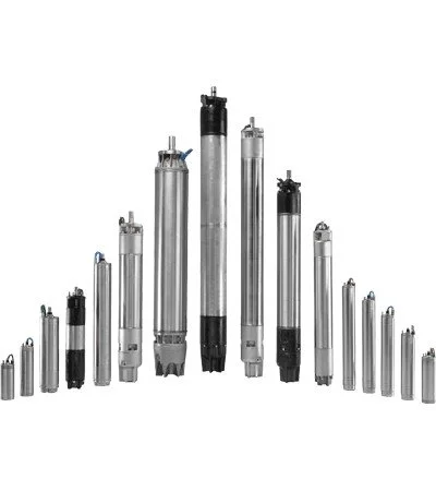 A collection of various sizes of submersible water pumps arranged in ascending order from left to right.