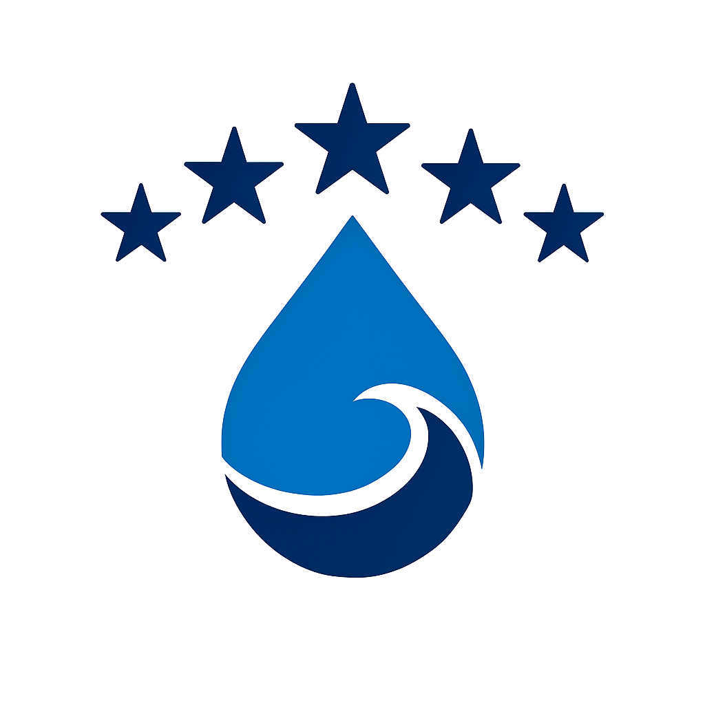A logo featuring a large blue water droplet with a wave inside it, topped by five dark blue stars arranged in a semi-circle.