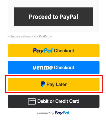 Online checkout options including PayPal, Venmo, Pay Later, and Debit or Credit Card buttons.