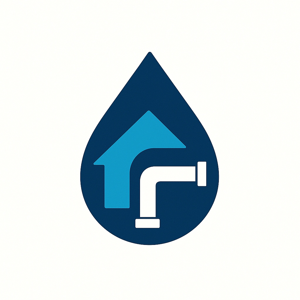 A logo featuring a water droplet with a blue arrow pointing upward and a white pipe fitting inside