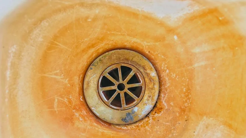 Close-up of a iron stained bathroom or kitchen sink drain with a yellowish-orange basin.