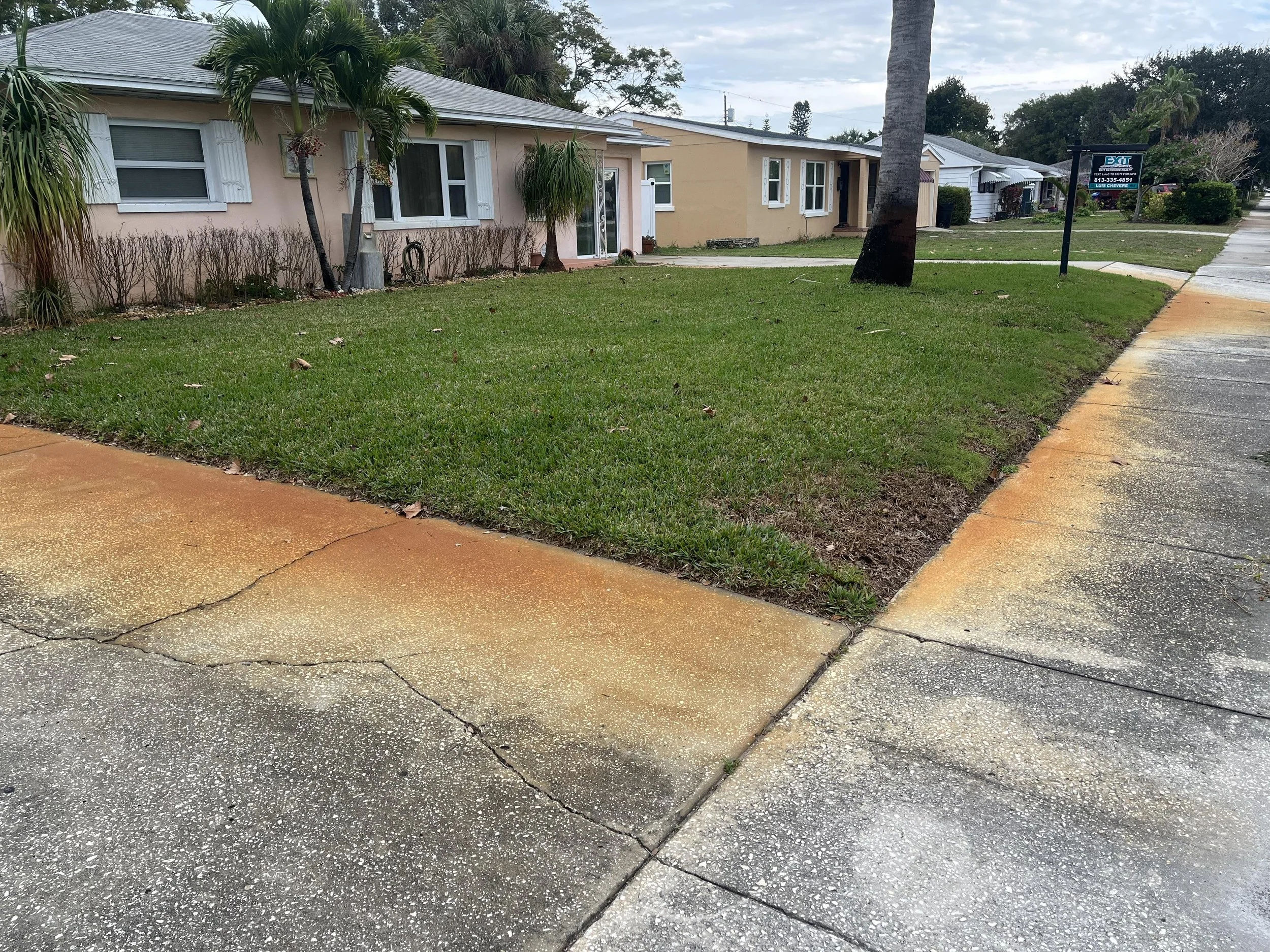 Residential front yard with green grass, tropical trees, and house with pastel yellow exterior. Cracked and stained sidewalk in foreground, clear sky with some clouds.
