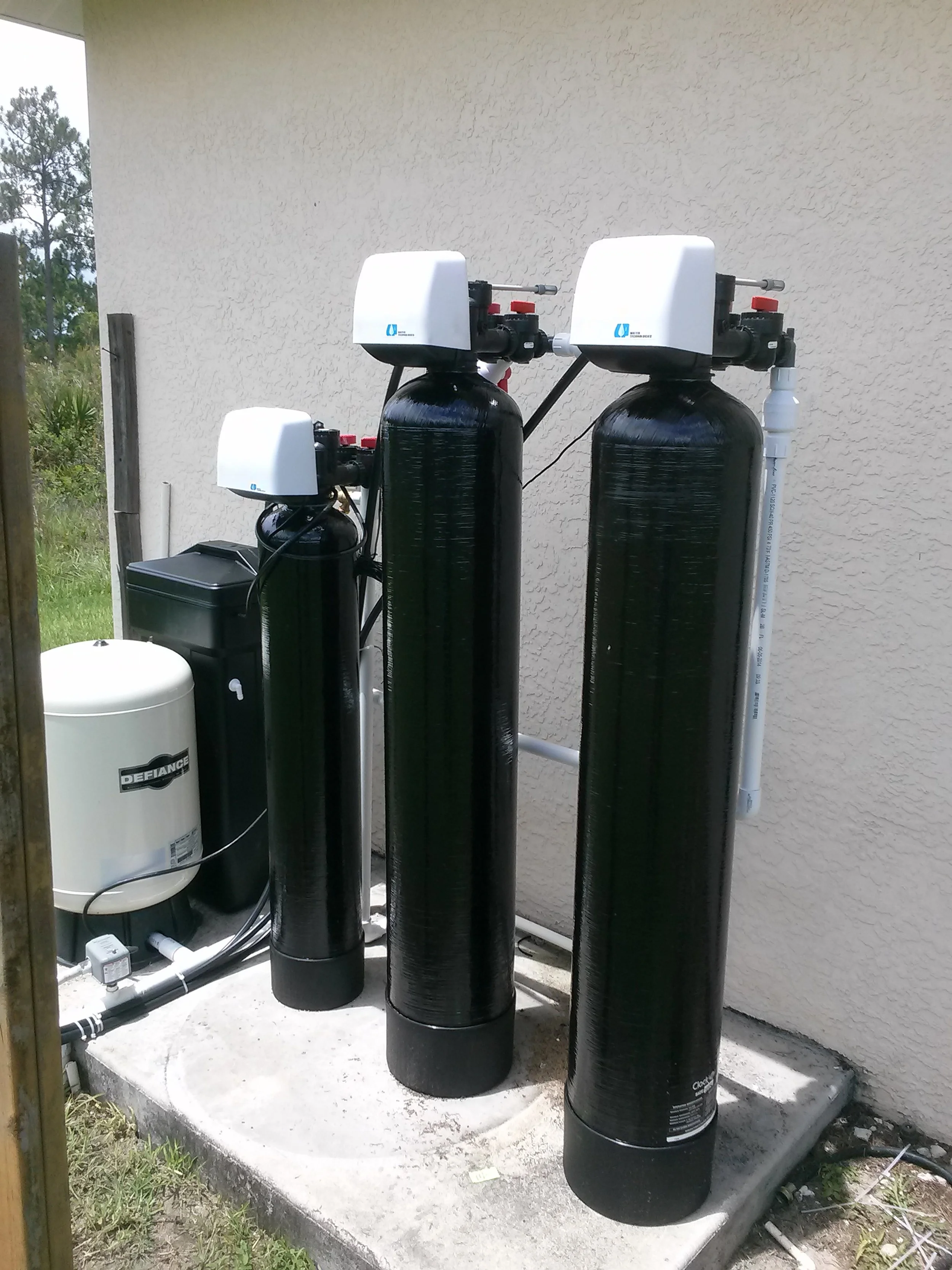 Whole home water treatment with aeration, sulfur and iron filters, and a softener to remove rotten egg smell, sulfur odor, iron stains, hardness, and bacteria. Reverse osmosis for drinking water.