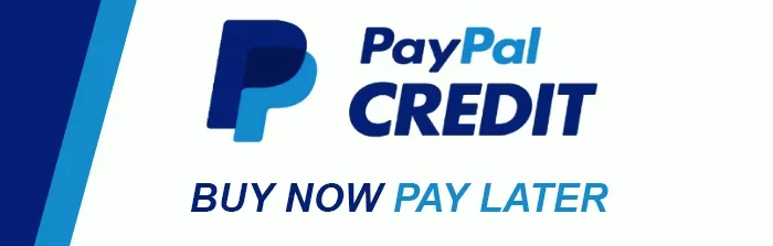 PayPal Credit logo with the text 'BUY NOW PAY LATER' on a white background.