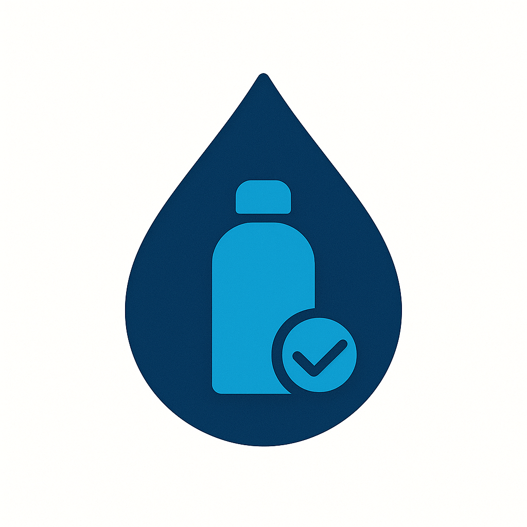 Illustration of a bottle inside a water droplet with a checkmark, representing water safety or approval.