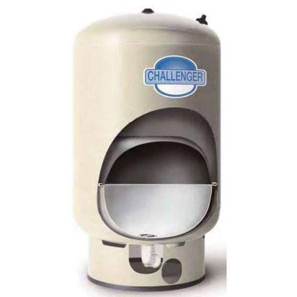 A white, vintage Challenger popcorn machine with a blue and white Challenger logo on the front.