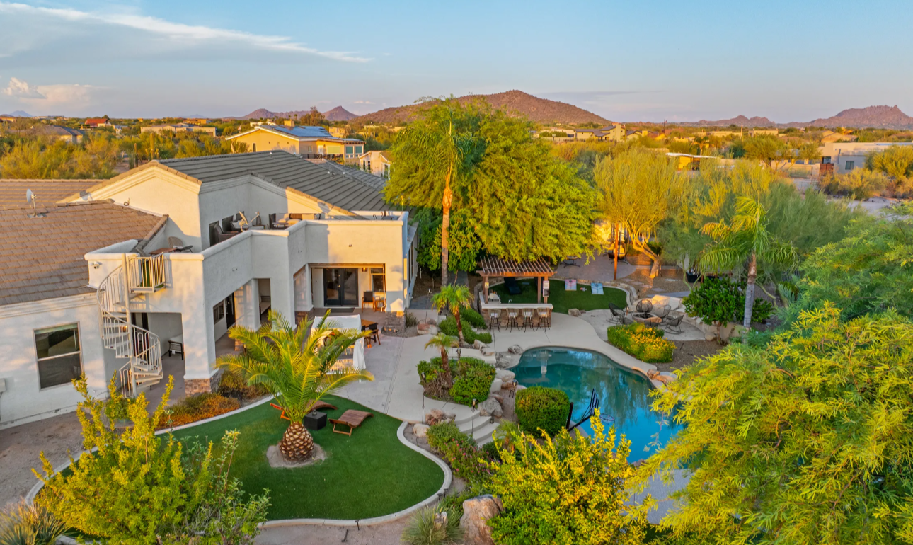 Scottsdale Luxury Mom Retreat aerial view of mountains, trees, and resort style pool