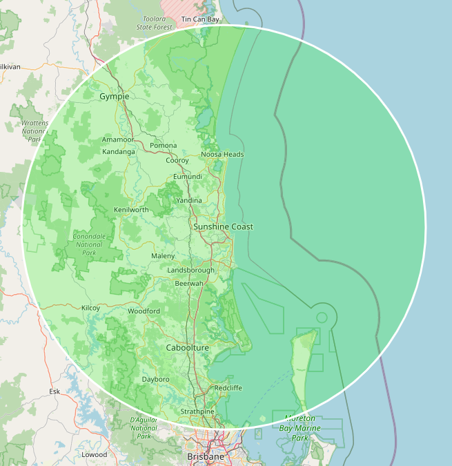 Map of southeastern Queensland, Australia, showing Brisbane, Sunshine Coast, and surrounding towns with a highlighted circular area extending to the coast and Doonarton Bay Marine Park.