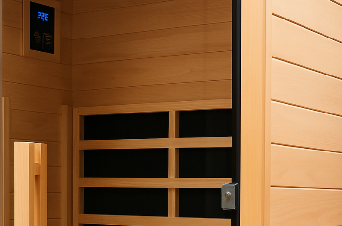 Interior of a wooden sauna with horizontal wood paneling, a digital temperature display reading 22°C, and a vent cover on the wall.