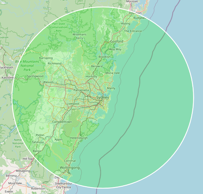 Map of Sydney and surrounding areas in Australia, with a large circular coverage area centered around Sydney.