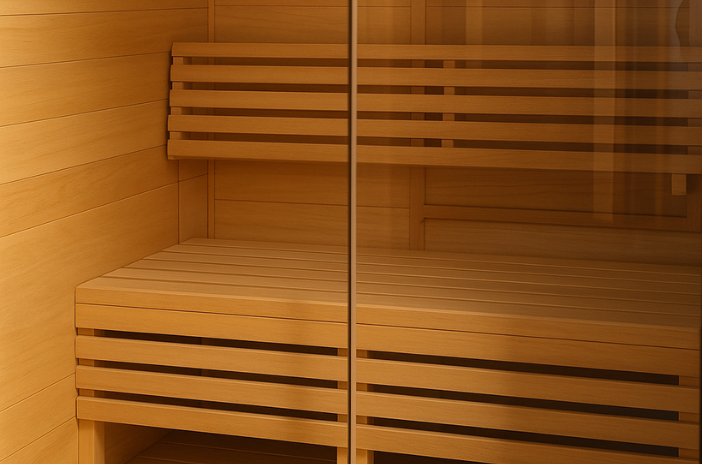 Empty wooden sauna with benches made of light-colored wood.