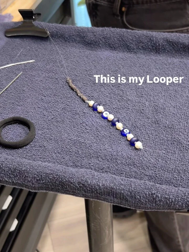 Yes those are pliers tied up to make a looper. Call me MacGiyver. 😅

I talk about this thing so much because it is the easiest, quickest way to improve your extension installs INSTANTLY.

You wanna get the most hair possible in your bead??

You wann