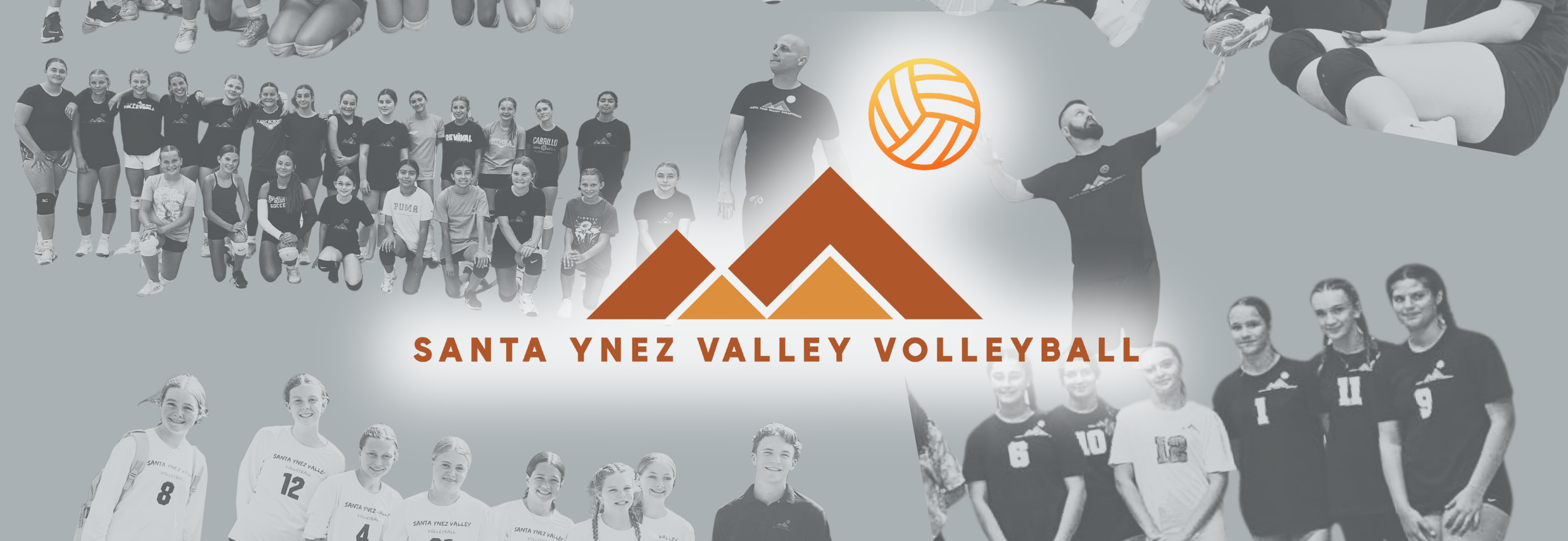 A collage of volleyball players and coaches from Santa Ynez Valley Volleyball team featuring group photos of girls in volleyball uniforms, a coach, and team members, with the Santa Ynez Valley Volleyball logo in the center, including mountains and a volleyball icon.