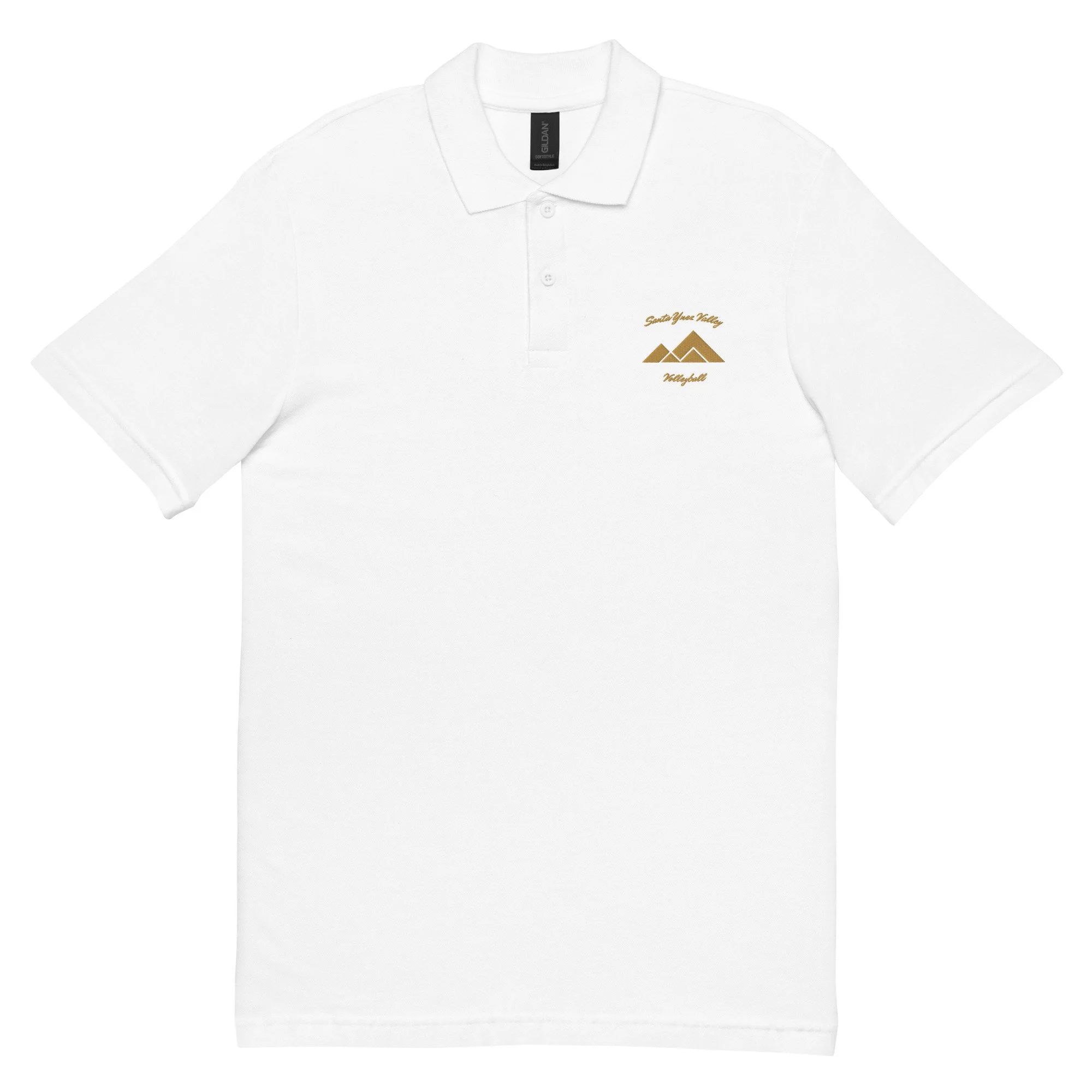 White polo shirt with embroidered gold mountain graphic and text that reads 'Santa Ynez Valley Volleyball' on the left chest.