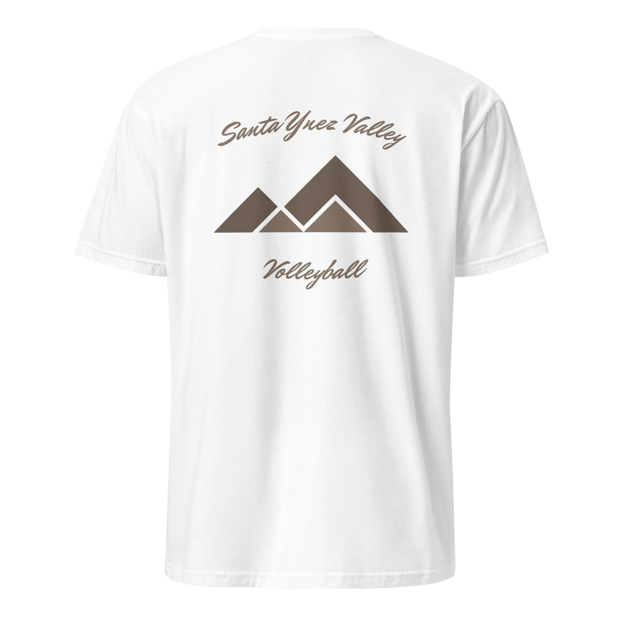 A white T-shirt with the words 'Santa Ynez Valley' written on the back above a mountain graphic and the word 'Volleyball' below.