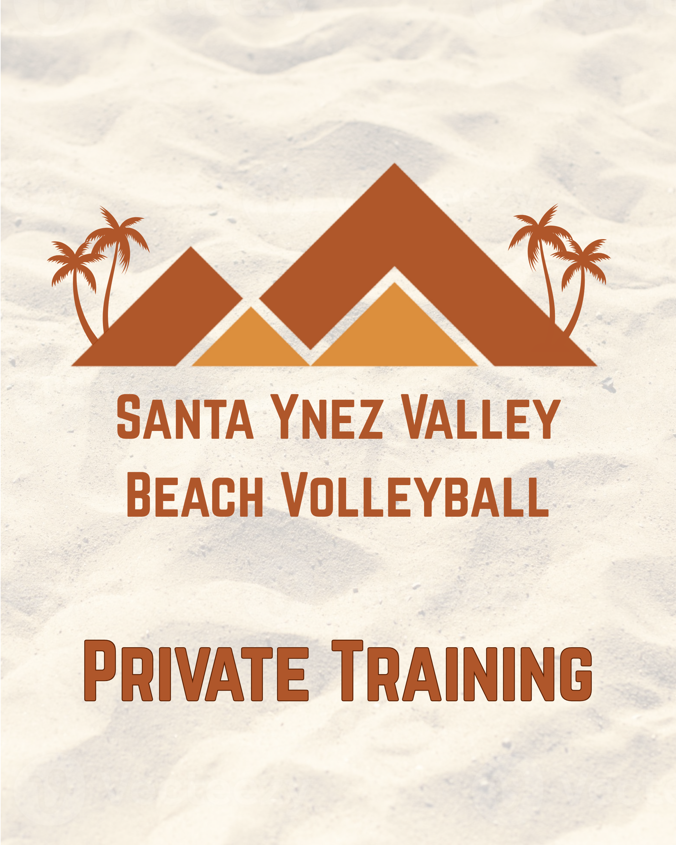 Logo with mountains and palm trees, text reads 'Santa Ynez Valley Beach Volleyball, Private Training' on a sandy background.
