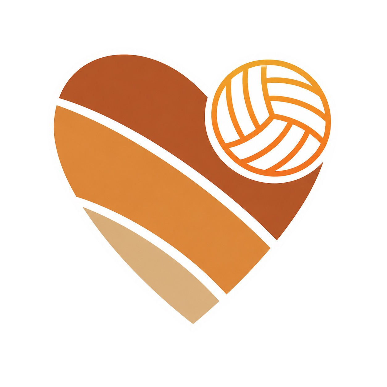 Heart-shaped sticker with a gradient brown color and a volleyball graphic inside the top right of the heart.
