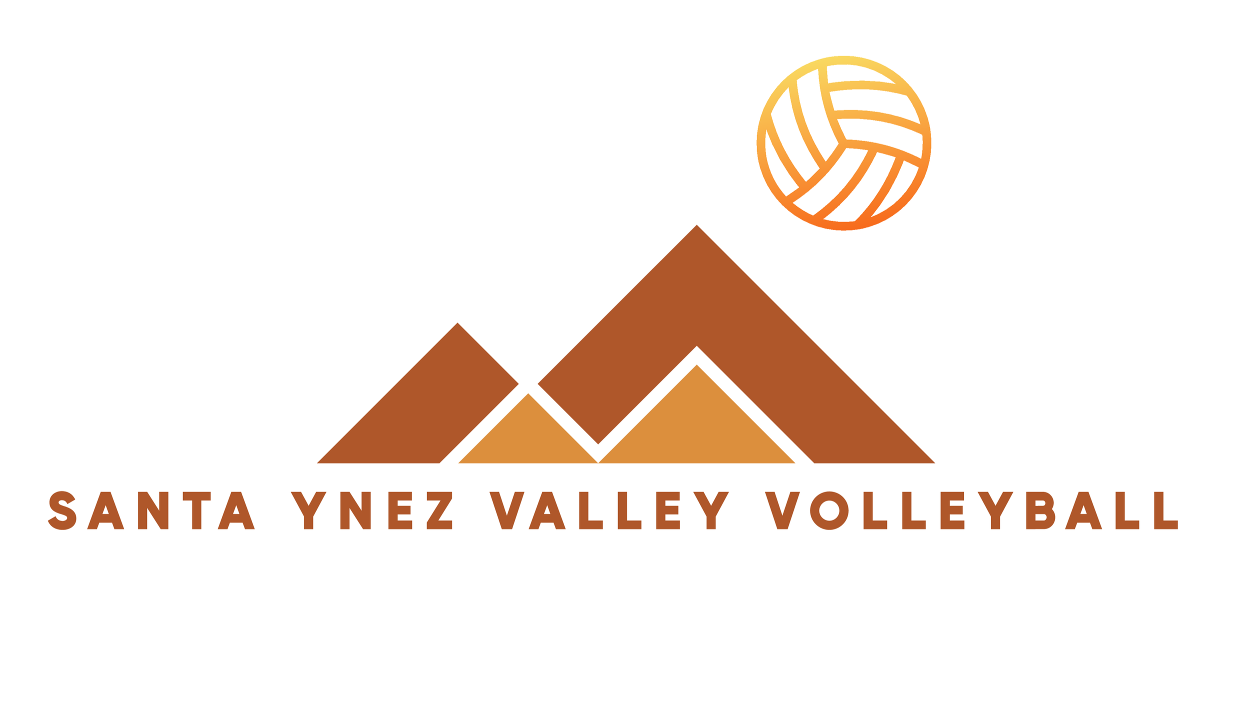 Logo for Santa Ynez Valley Volleyball featuring three mountain peaks in brown and gold, a volleyball in orange, and the text 'Santa Ynez Valley Volleyball' in brown capital letters.