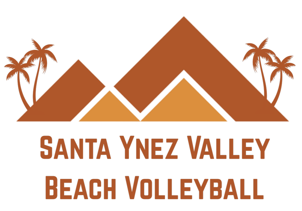 Logo for Santa Ynez Valley Beach Volleyball featuring stylized mountains, palm trees, and bold text.