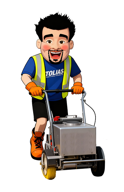 Cartoon man with dark hair, beard, and mustache wearing a safety vest, blue shirt, black shorts, orange gloves, and boots, operating a yellow carpet cleaning machine.