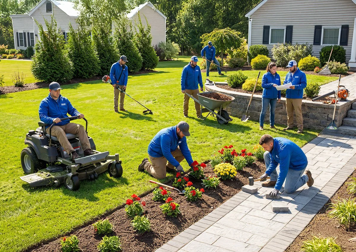 A group of people working together on landscaping a yard, planting flowers, laying bricks, and trimming bushes in front of white houses with green lawns.