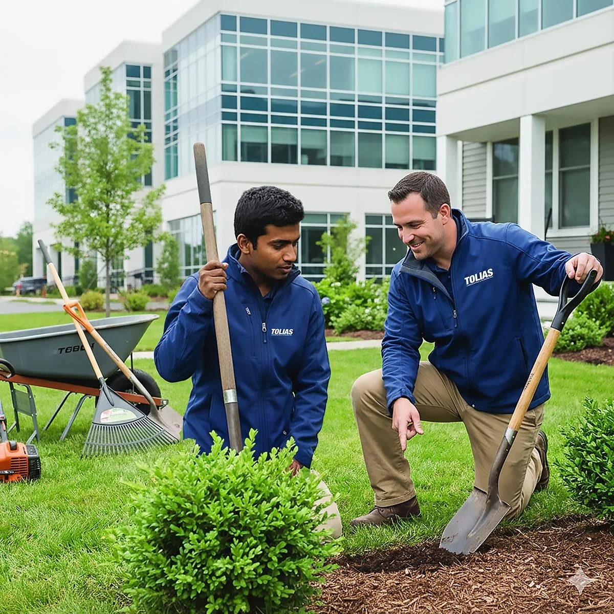 Two men in blue jackets planting flowers in a garden outside modern apartment buildings, with gardening tools and a wheelbarrow nearby.