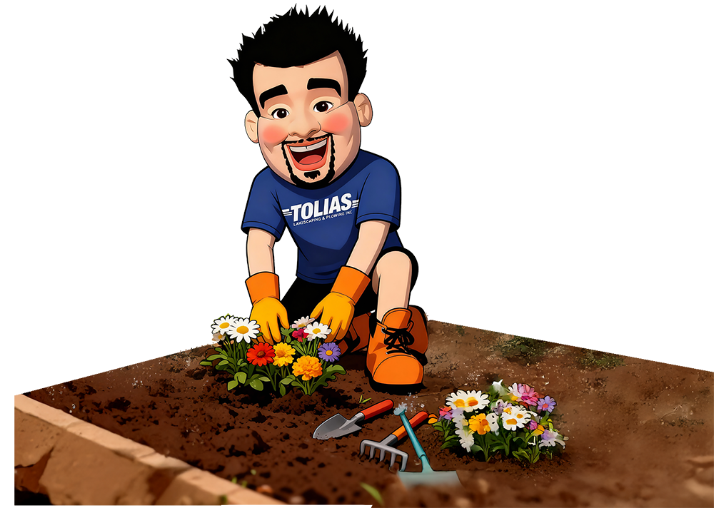 Cartoon man with black hair, beard, and wearing a blue shirt and orange gloves planting colorful flowers in a garden bed.