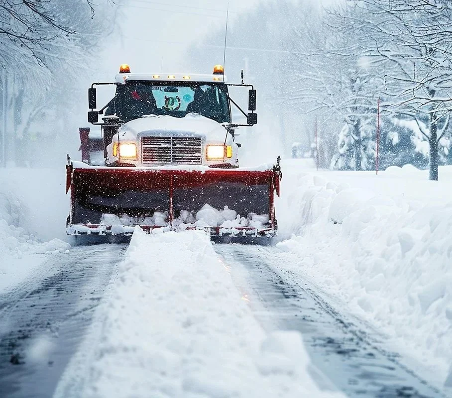 A snowplow clearing snow from a road during heavy snowfall.