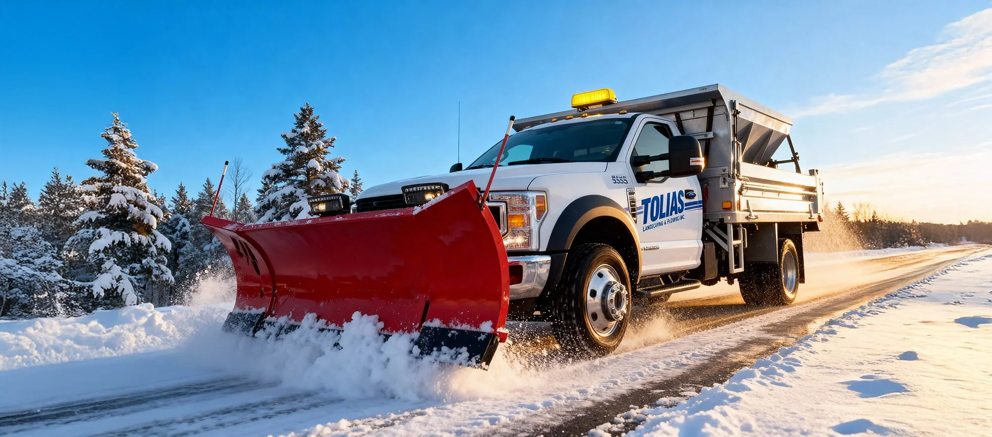 A white snowplow truck with a red blade clearing snow from a road in a snowy landscape during sunset.