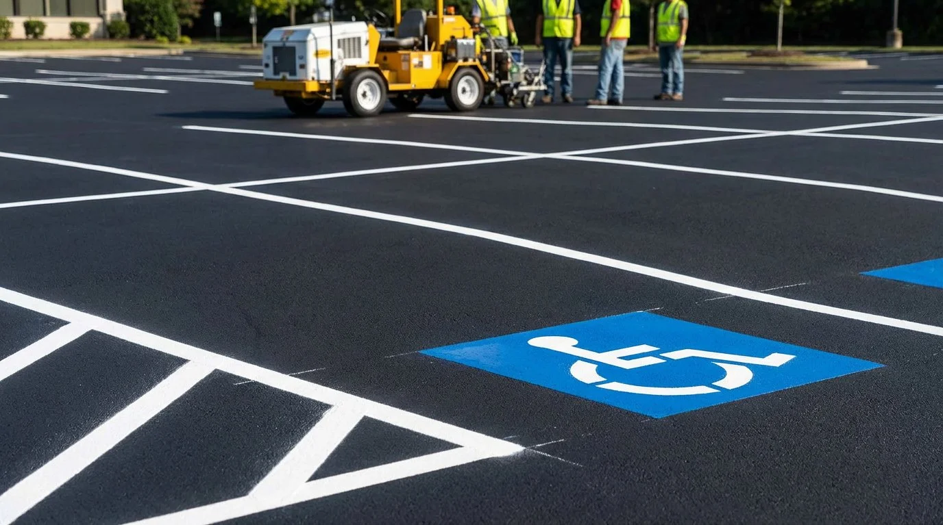 Newly painted handicapped parking space in a parking lot with a blue and white wheelchair symbol. The lot is empty, and there are construction workers and equipment in the background.