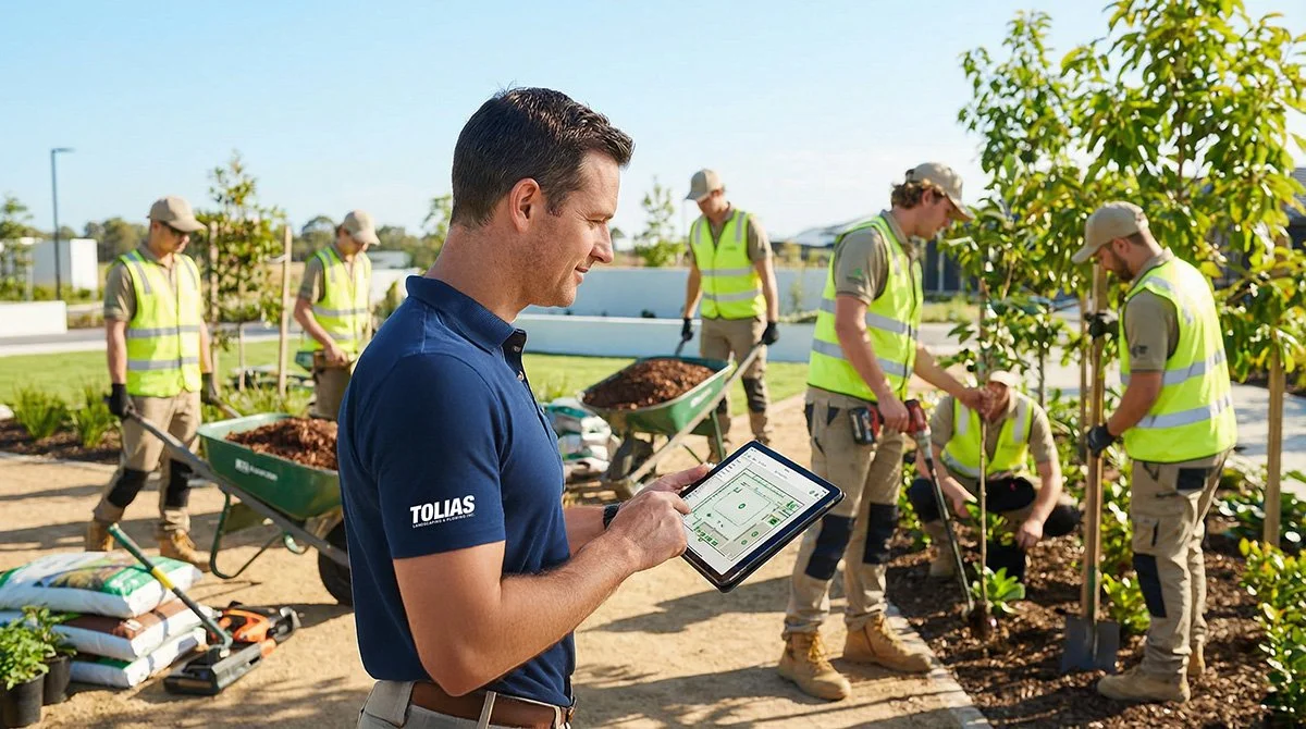 A man in a blue shirt with 'TOLIAS' on the sleeve is using a tablet while a group of workers plants trees and shrubs in a landscaped area.