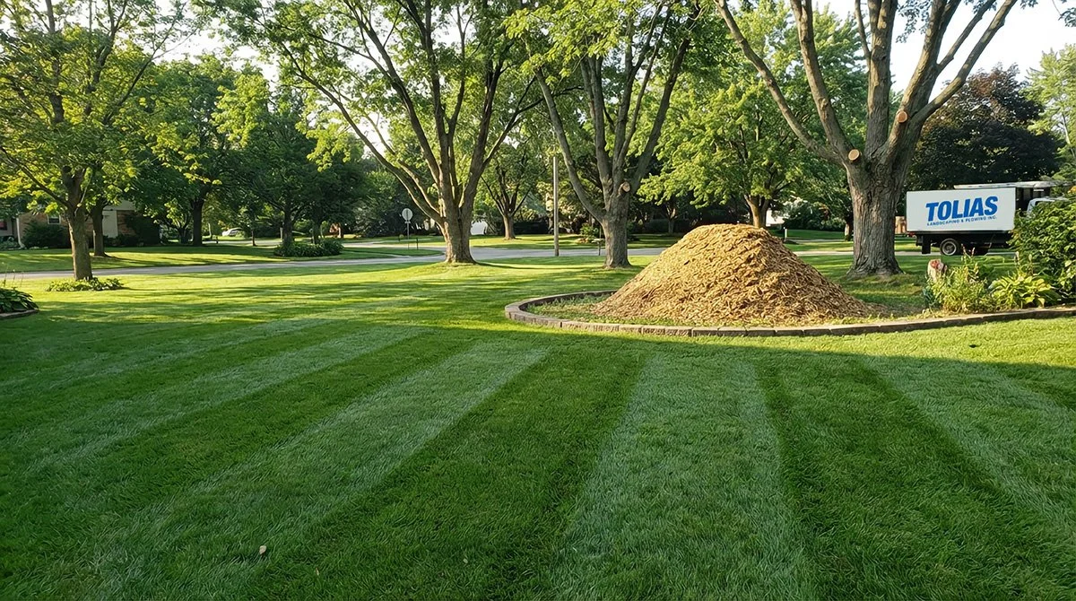 A well-maintained lawn with alternating light and dark green stripes, surrounded by trees, with a pile of dirt and a tree trimming trailer in a suburban neighborhood.