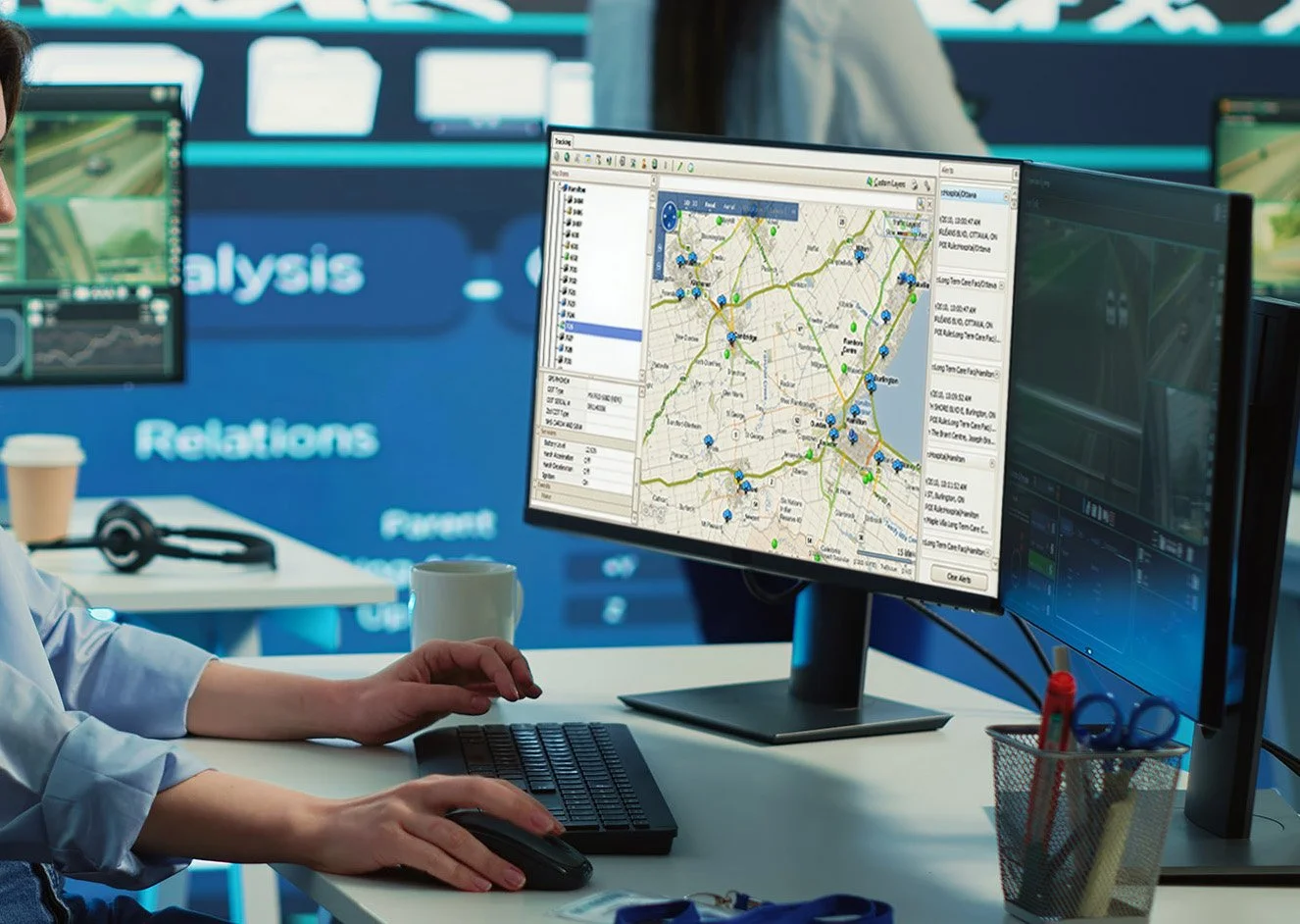 Person working at a desk with multiple monitors displaying gps tracking maps and data.