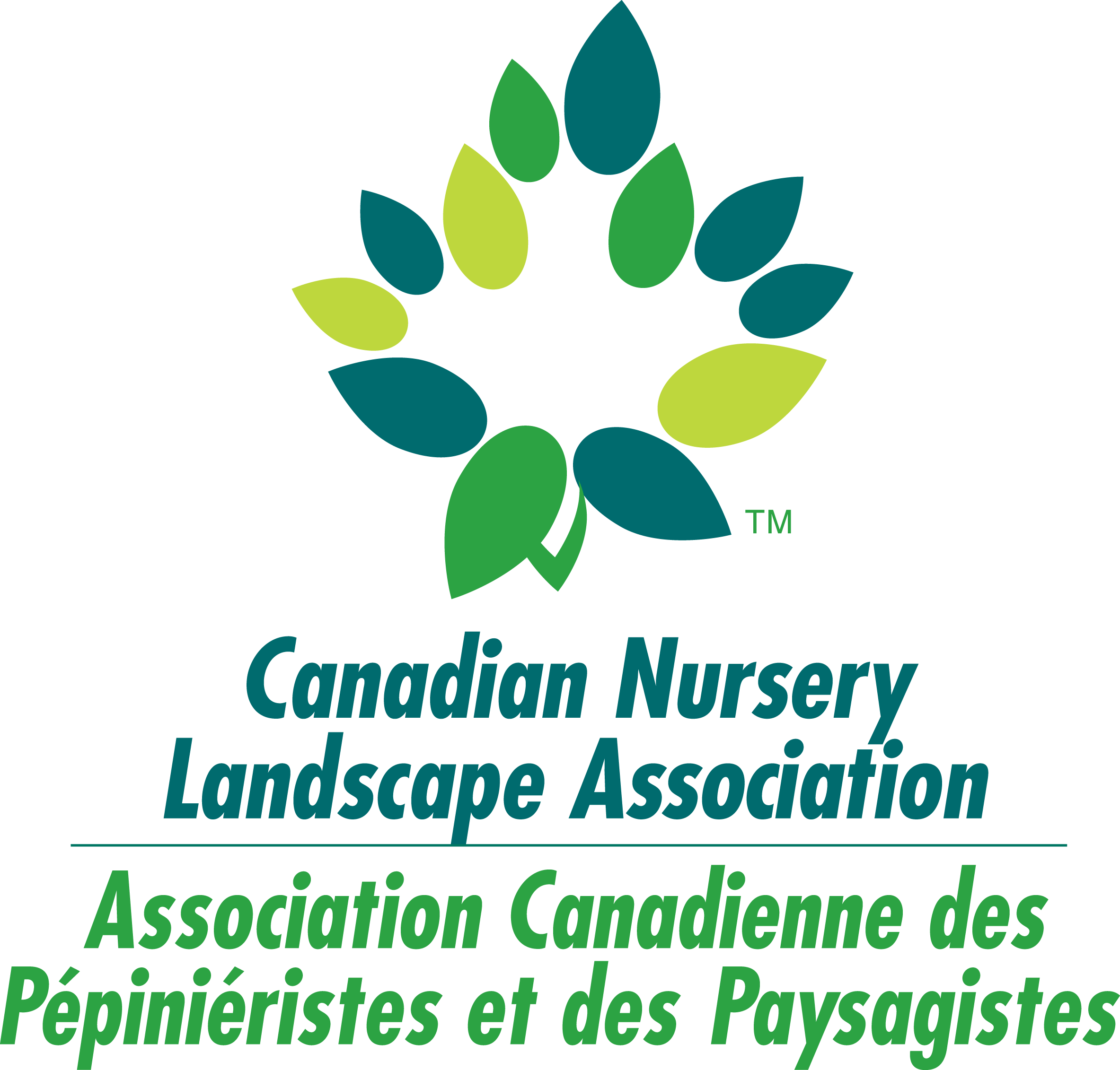 Logo of the Canadian Nursery Landscape Association featuring a stylized tree with green and blue leaves and text in English and French.