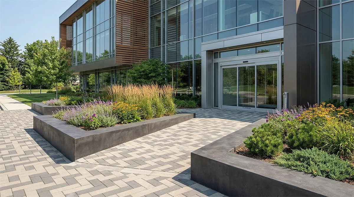 Modern glass building with landscaped outdoor area featuring flower beds and paved walkway.
